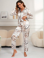 Heart Print Pajama Set Long Sleeve Buttons Top & Elastic Waistband Pants