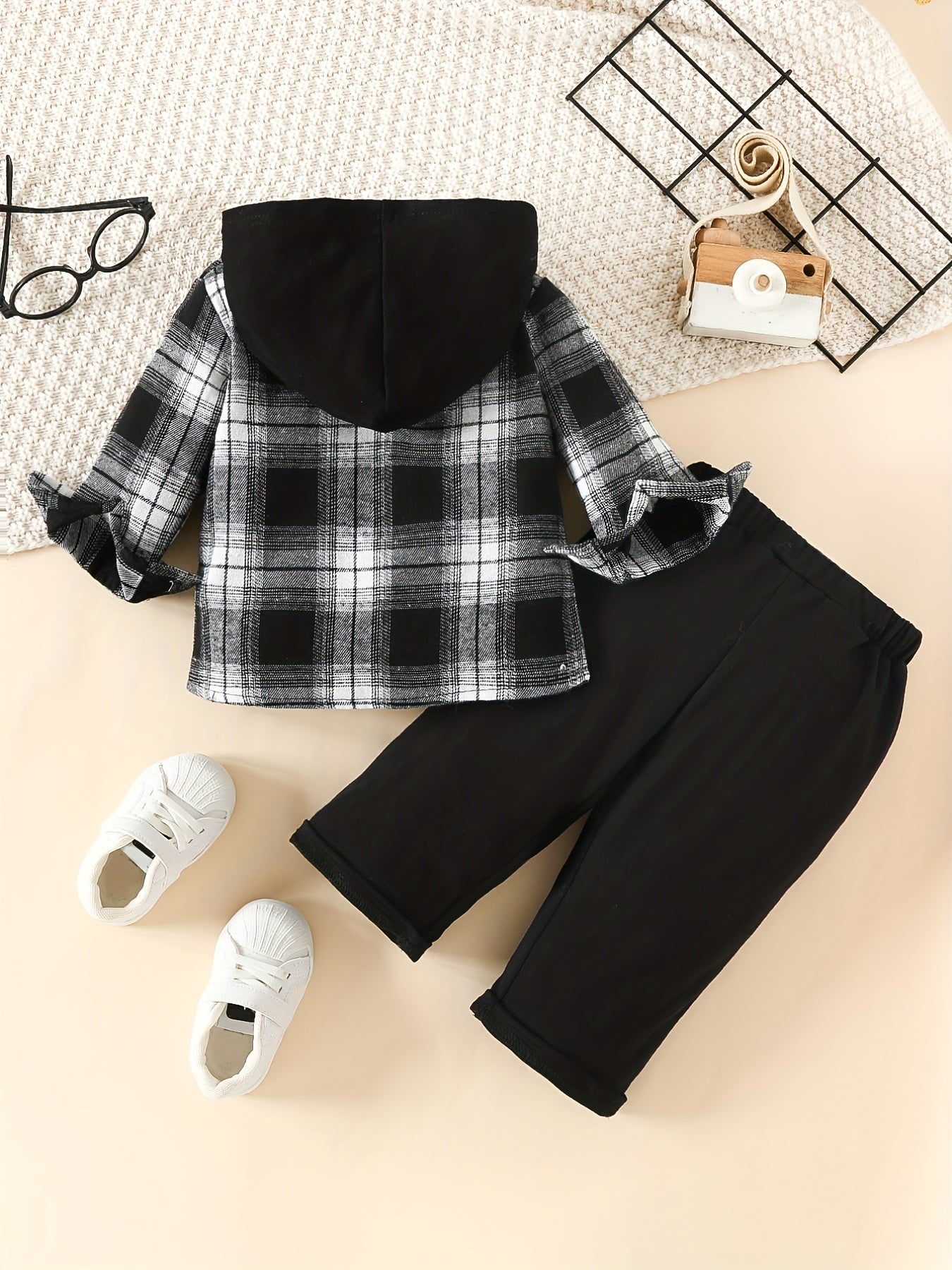 Boy's Plaid Block Hooded Shirt & Pants Set Spring Fall Outfit