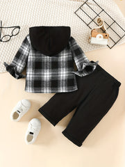 Boy's Plaid Block Hooded Shirt & Pants Set Spring Fall Outfit
