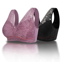 2 Pack Leaf Lace Zipper Front Full Cover Bra Set Plus Size