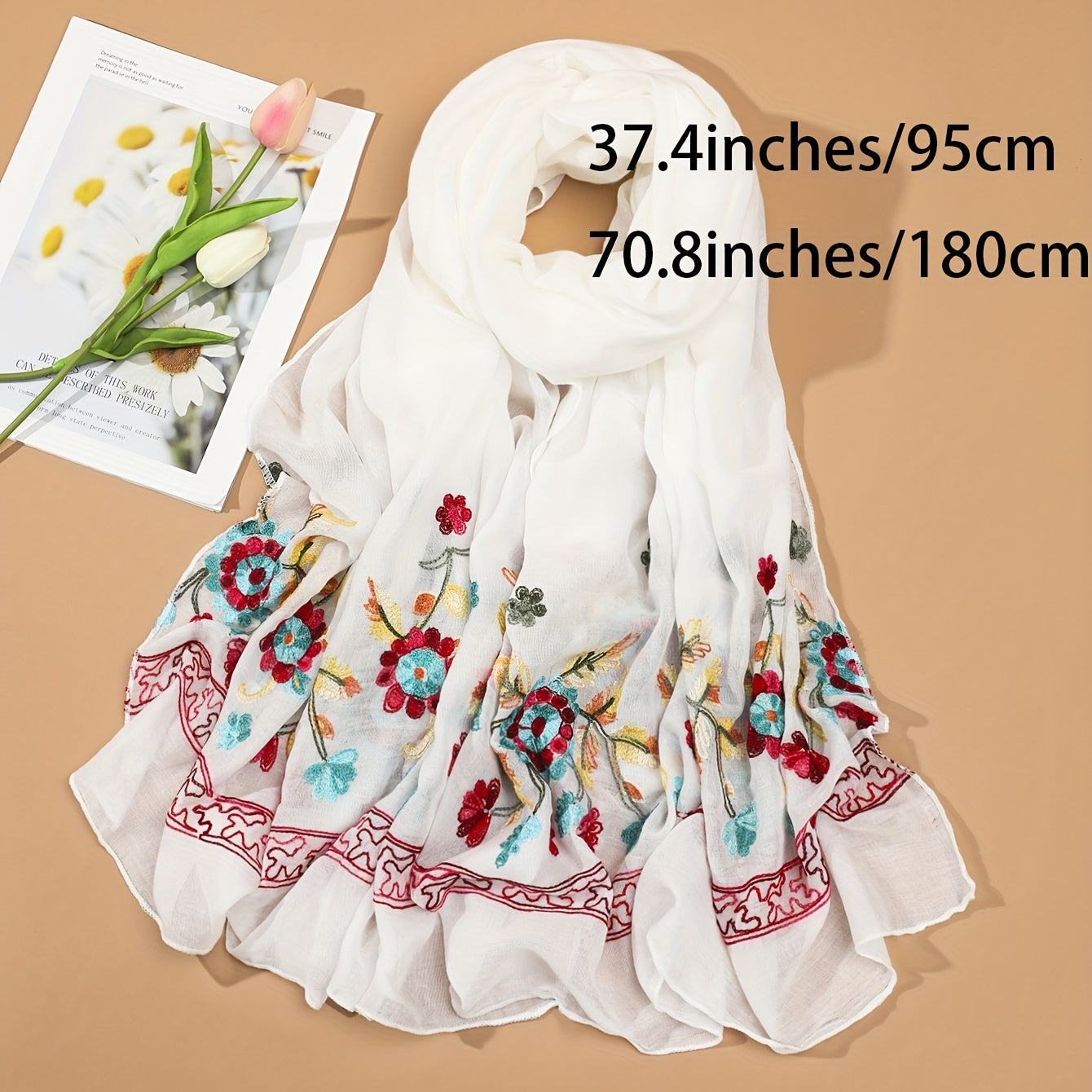 Red Flower Embroidery Scarf Hijab Shawl Head Wraps Bandana Women