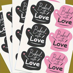 60pcs Dark Grey Glove Baked With Love Stickers Sheets for Bakeries
