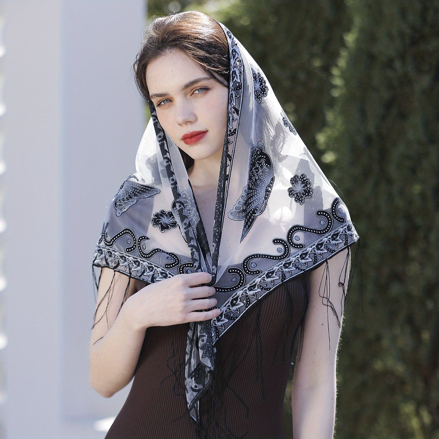 Butterfly Embroidery Triangle Scarf Spring Tassel Shawl Women Travel Head Wrap