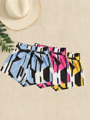 Geometric Print 3-Pack Shorts Women's Casual Elastic Waist Lace Up