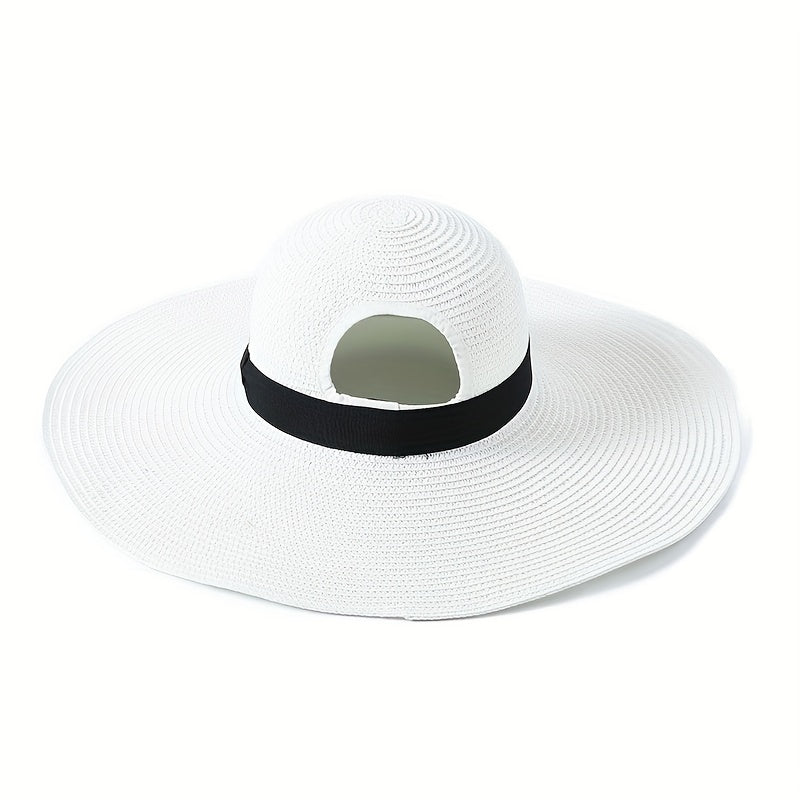 Black Hole Big Brim Sun Hat Solid Ponytail Straw Hat
