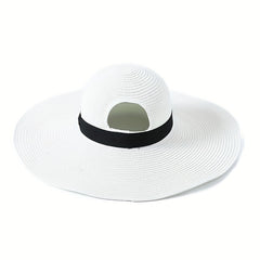 Black Hole Big Brim Sun Hat Solid Ponytail Straw Hat