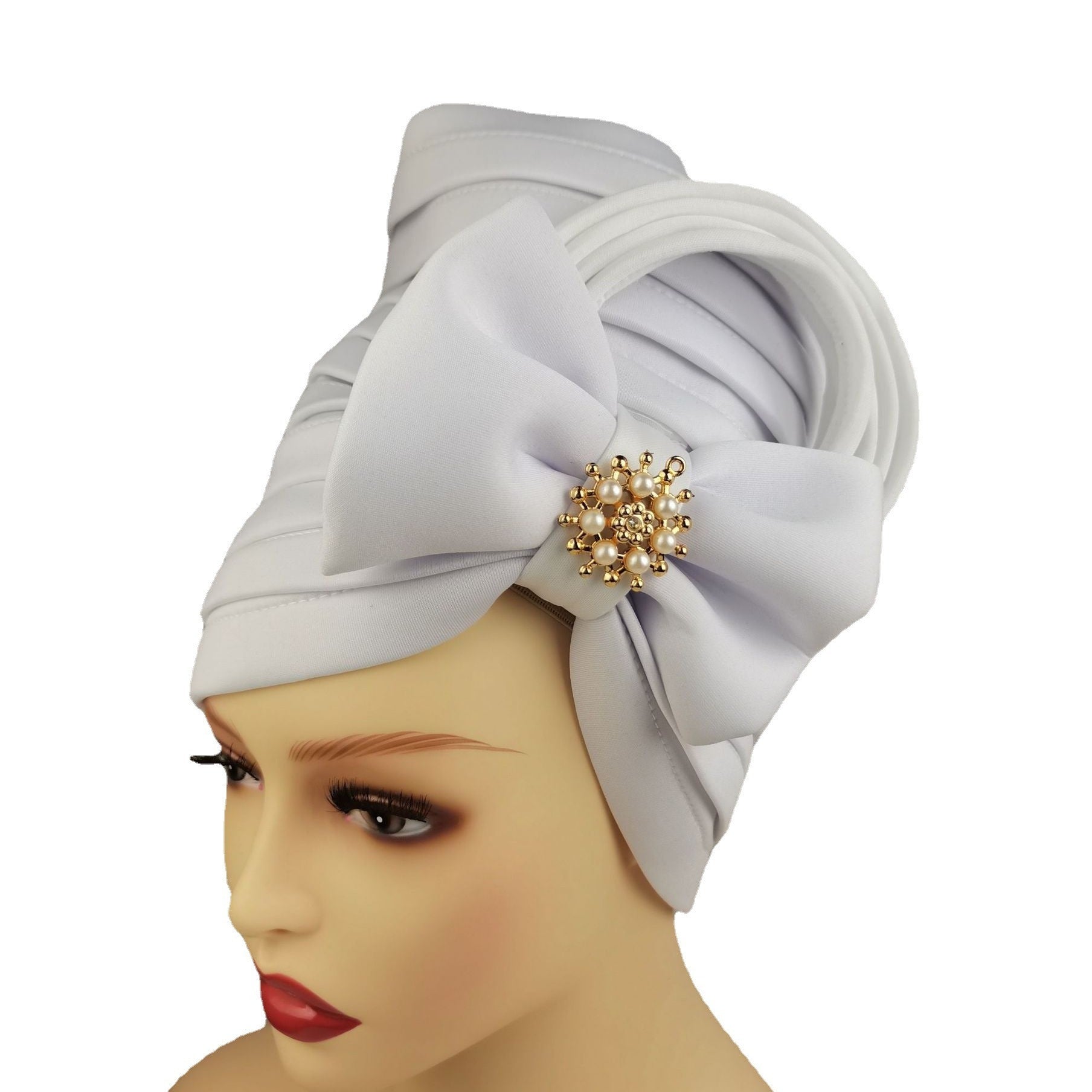 Faux Pearl Alloy Turban Cap Bow Bandana Hijab Hair Accessories