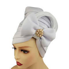 Faux Pearl Alloy Turban Cap Bow Bandana Hijab Hair Accessories