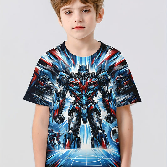 Robot Warrior Print Boy's Tees Short Sleeve Crew Neck Comfy T shirt