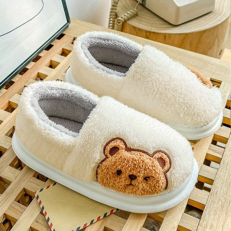 Cartoon Bear Print Slippers Round Toe Low Fluffy Warm Shoes
