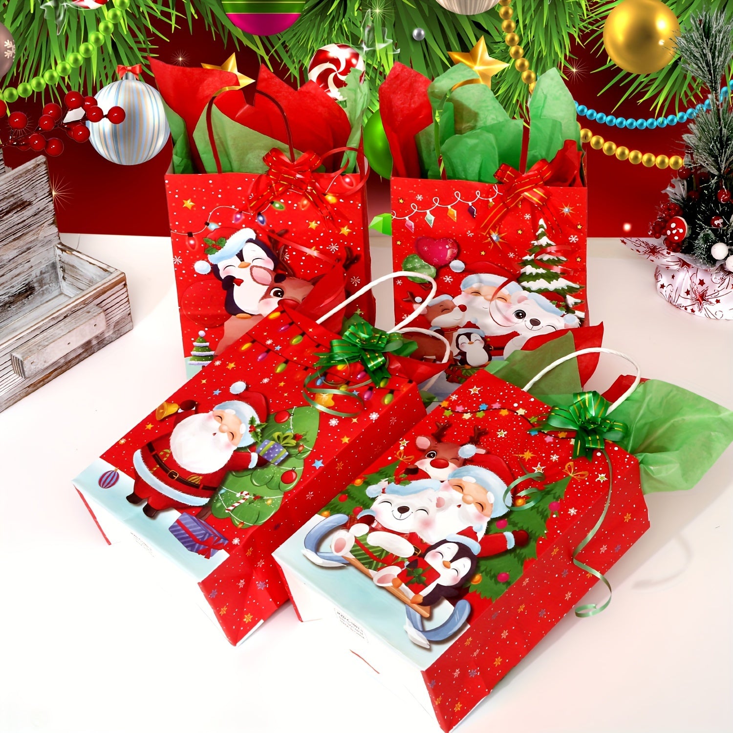 4pcs Christmas Merry Theme Gift Bag Set Small Size with 8 Large Paper Wrappers