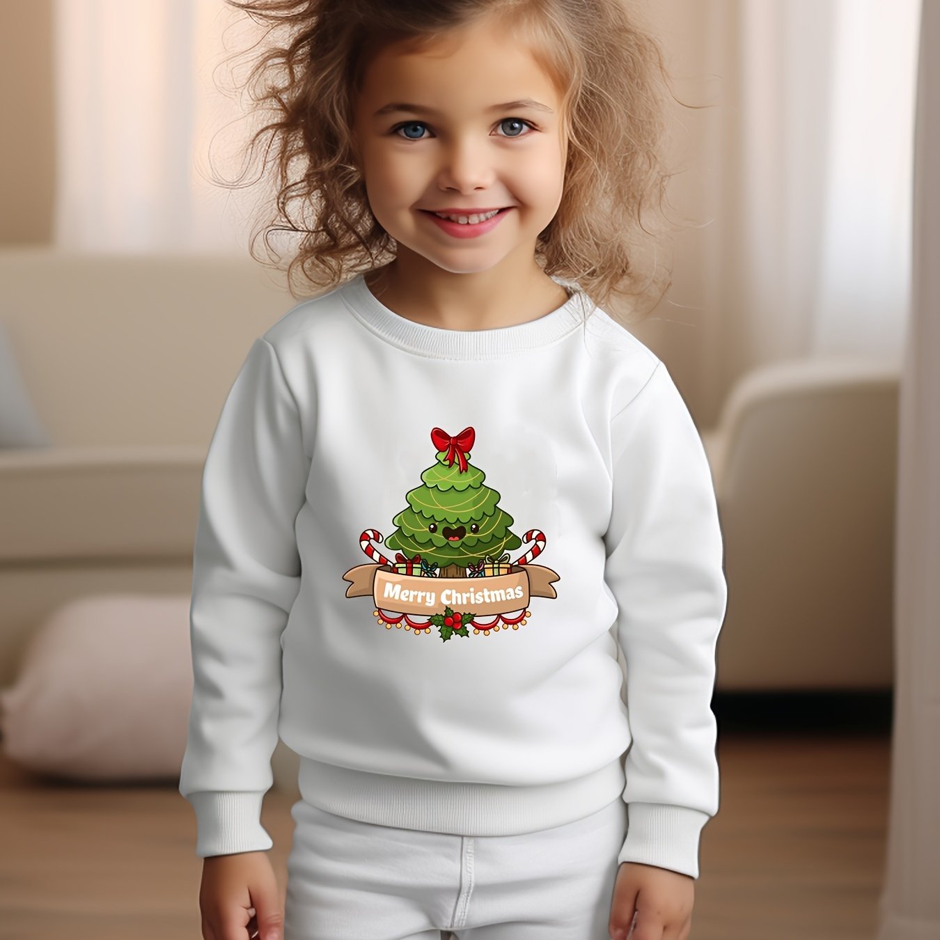 Candy Cane Tree Graphic Crew Neck Long Sleeve Sweatshirt for Kids