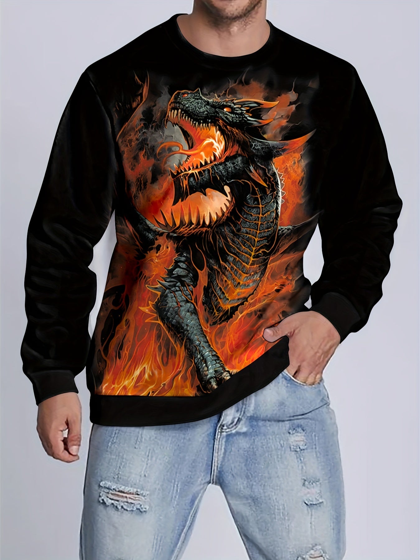 Dragon Print Sweatshirt Men's Casual Graphic Crew Neck Pullover Sweatshirt