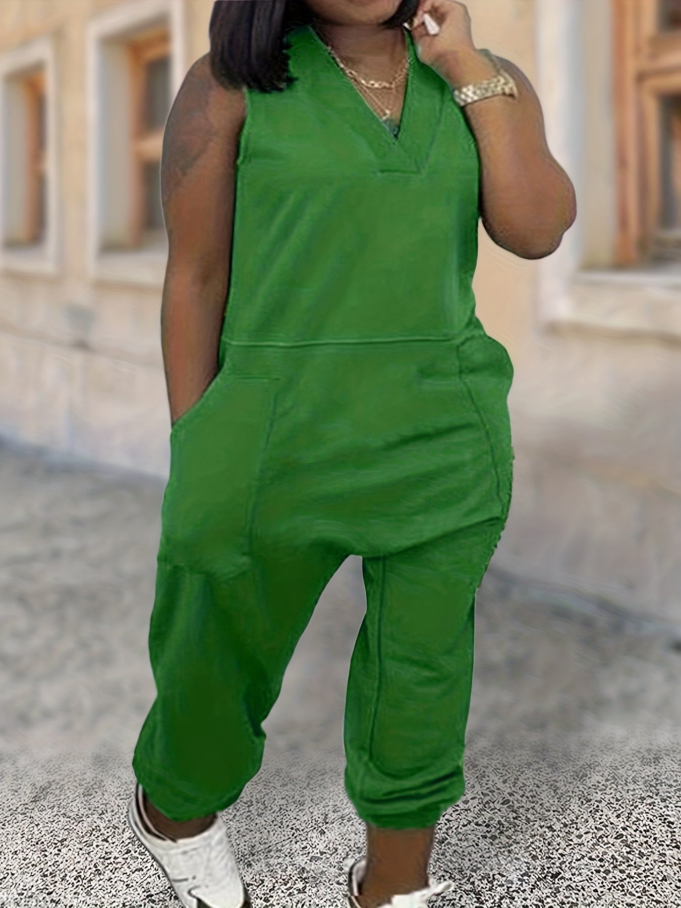 Casual Jumpsuit Women's Solid V Neck Romper With Pockets