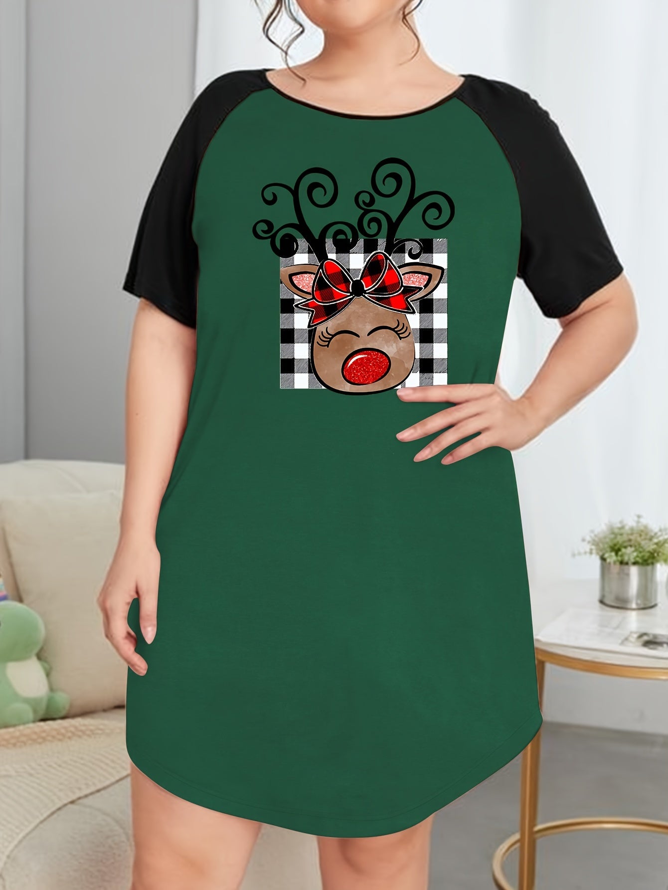Christmas Nightdress Women's Plaid Elk Raglan Sleeve Tee Sleep Dress