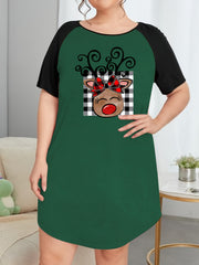 Christmas Nightdress Women's Plaid Elk Raglan Sleeve Tee Sleep Dress