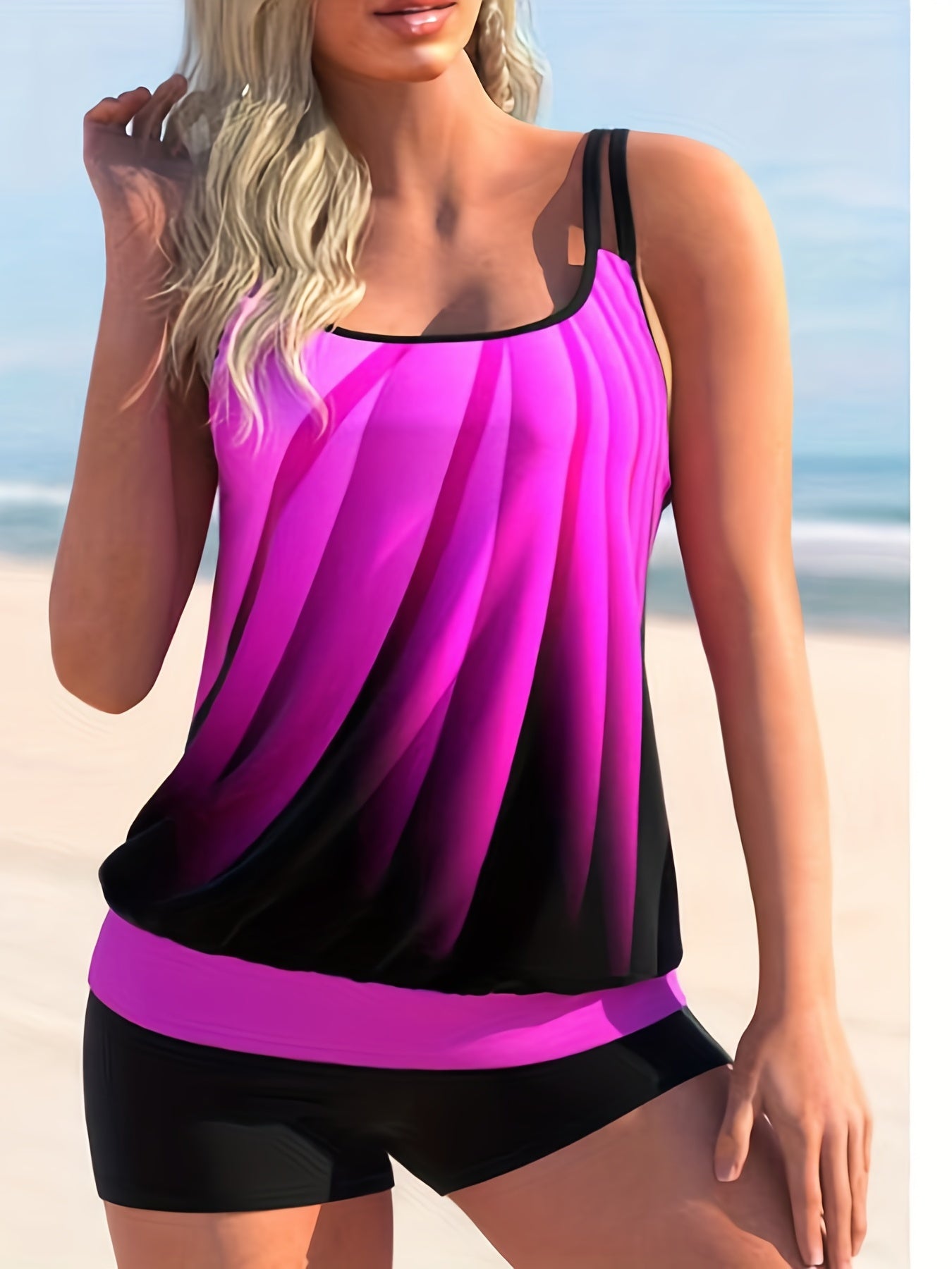 Ombre Tankini Set Crew Neck Split Strap Cami Dress & Shorts Two Piece