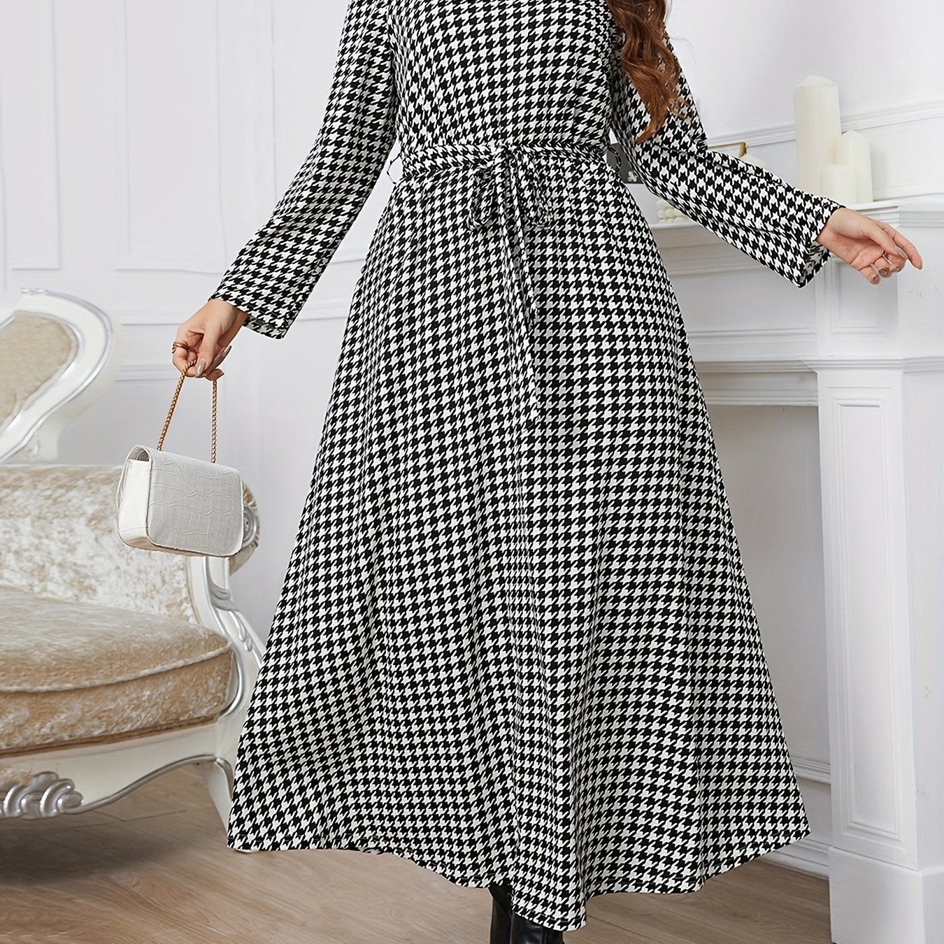 Women's Houndstooth Print Maxi Dress With Belt