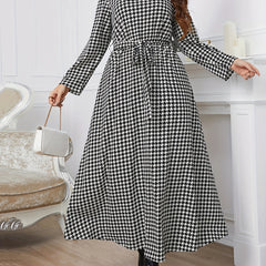 Women's Houndstooth Print Maxi Dress With Belt