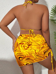Sexy Bikini Set Women's Plus Fluid Print Swimsuit 3 Piece Set