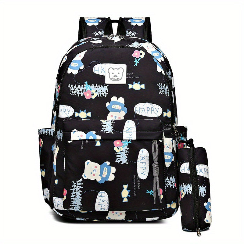 Bear Print Large Capacity Preppy Backpack Pencil Case Pendant Set