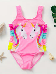 Girls' Pony Graphic Swimsuit with Ruffled Sleeves
