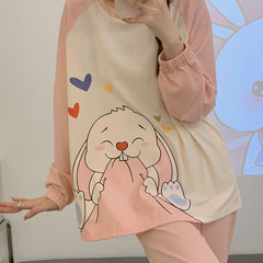 Bunny Print Pajama Set Long Sleeve Crew Neck Top & Pants
