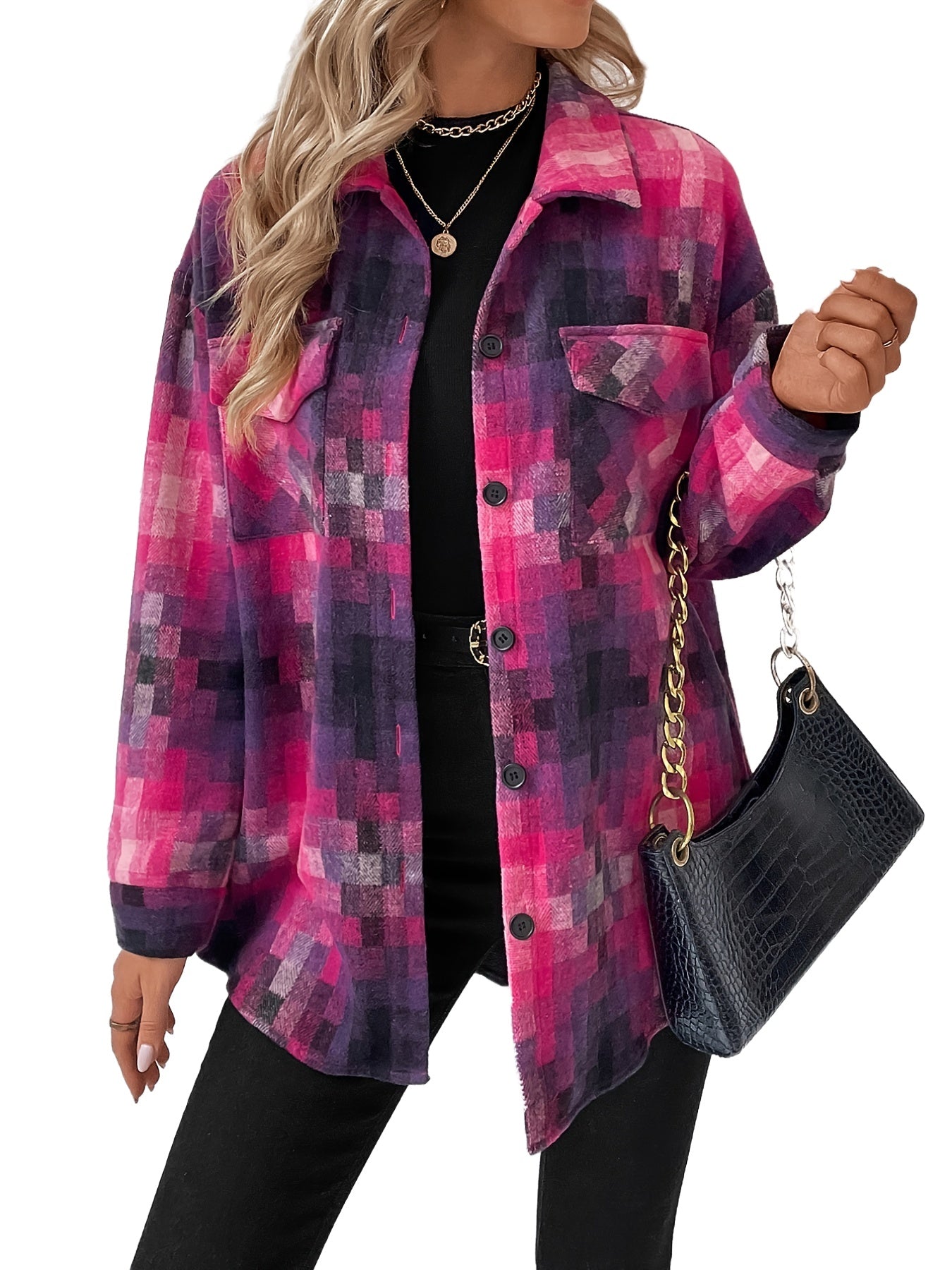 Grid Print Lapel Long Sleeve Coat Outerwear