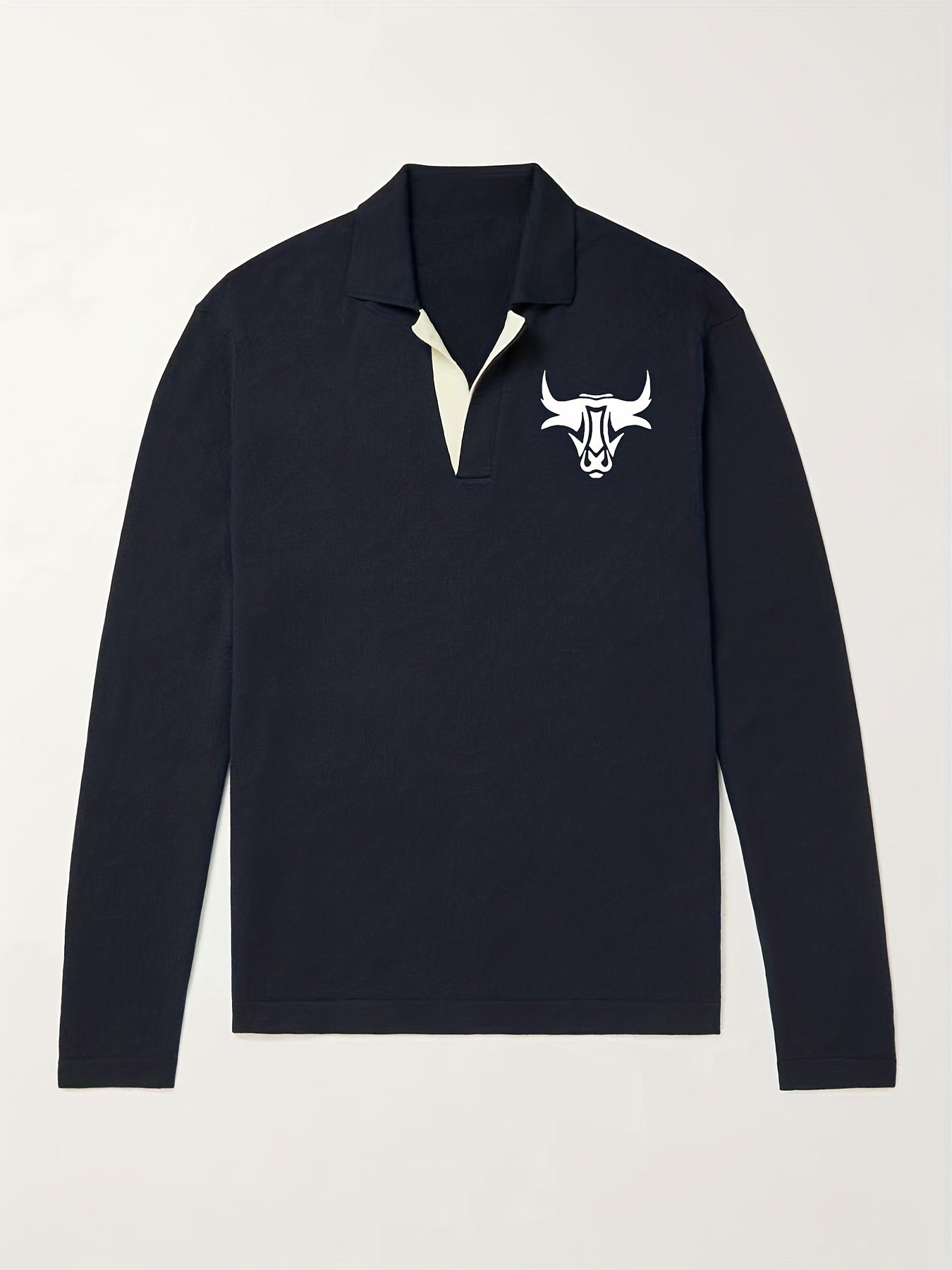 Men's Bull Pattern Knit Polo Shirt Casual Lapel Pullover Sweater