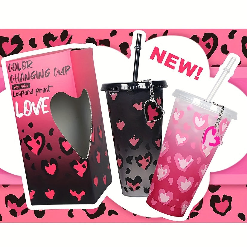 2pcs 710ml Leopard Print Cups with Lids & Keychains, Reusable Coffee Cup
