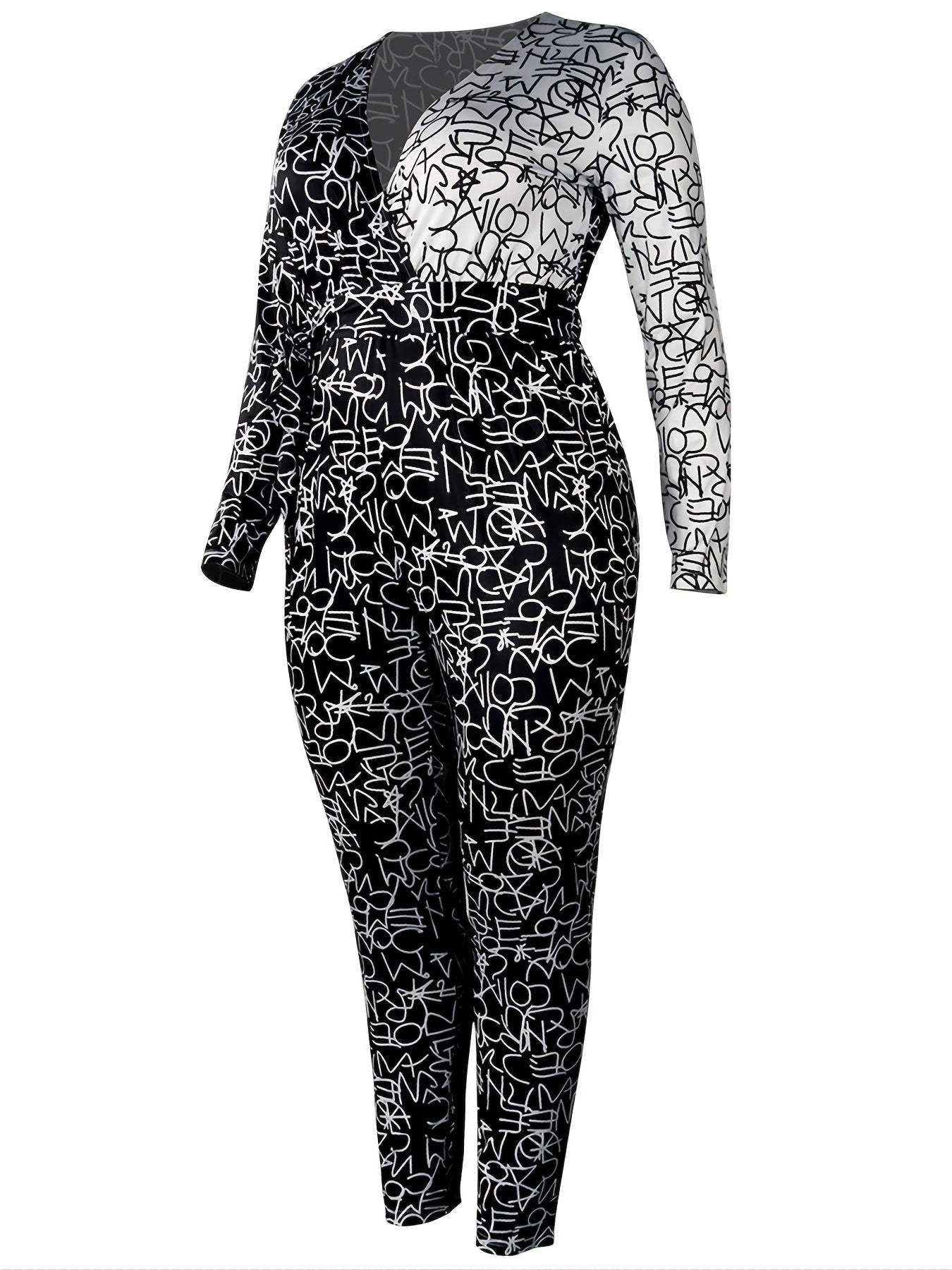 Colorblock Letter Print Long Sleeve Jumpsuit With Belt