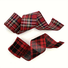 1pc 4.57m Christmas Metallic Wired Edge Ribbon Red Check Stripes Ribbon Big Bow