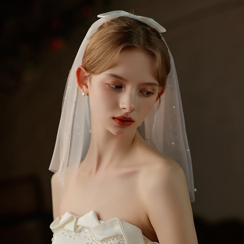 Vintage Double Layer Bridal Veil with Pearl Accents Short Length Yarn Material