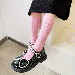 Girls Cotton Blend Argyle Pattern Knee High Stockings Mid Tube Straight Socks