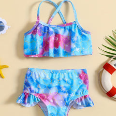 Girls Fish Scale Cami Top & Ruffled Shorts Swimsuit Set for Beach & Pool