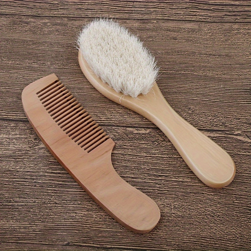 2pcs Natural Wooden Hair Brush & Comb Set, Soft Goat Hair Massage Comb