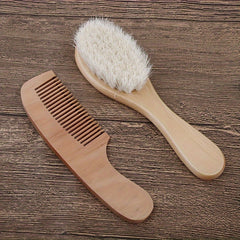 2pcs Natural Wooden Hair Brush & Comb Set, Soft Goat Hair Massage Comb