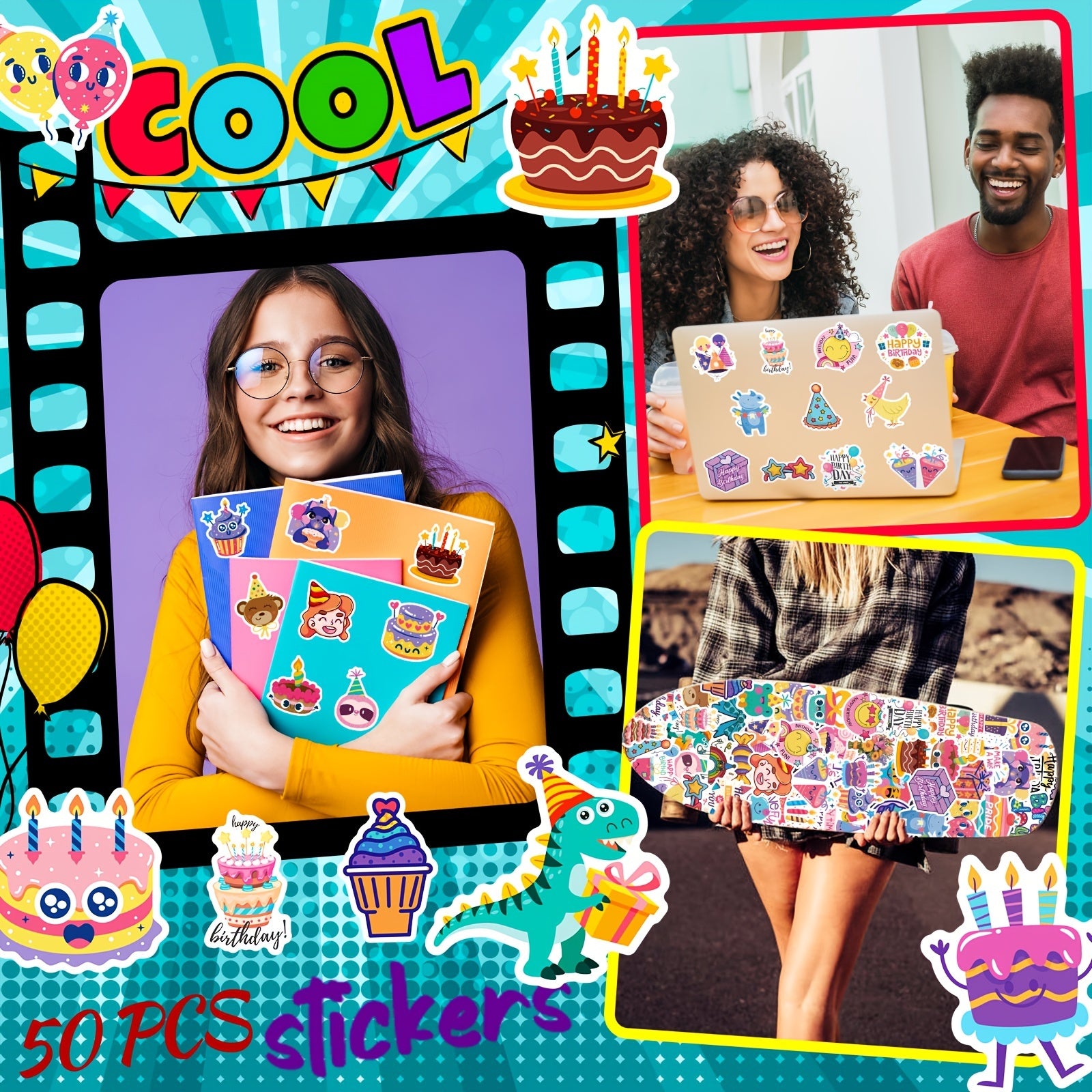 50pcs Happy Birthday Party Cartoon Graffiti Stickers Vinyl Waterproof Stickers