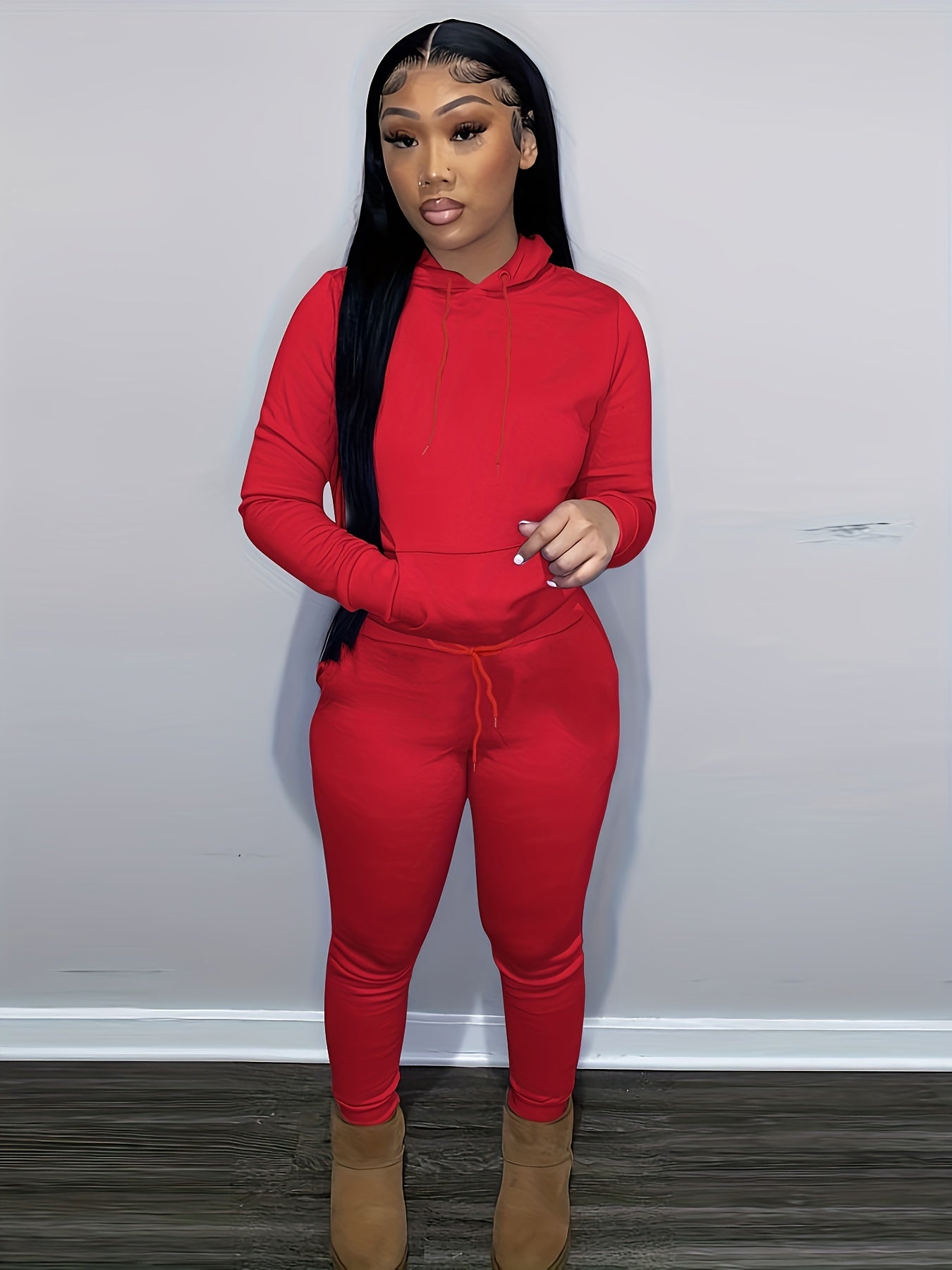Women's Solid Hooded Sports Set Long Sleeved Tops and Pants