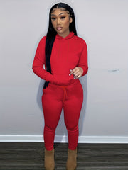 Women's Solid Hooded Sports Set Long Sleeved Tops and Pants