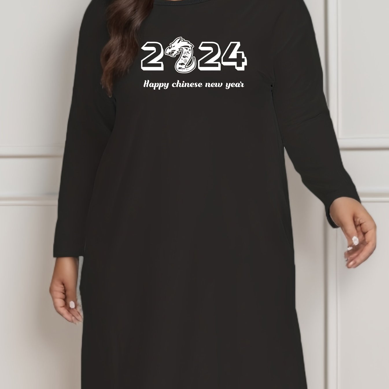 Slogan Print Long Sleeve Round Neck Lounge Dress