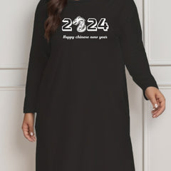 Slogan Print Long Sleeve Round Neck Lounge Dress