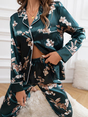 Floral Pattern Pajamas Set Satin Button Up Long Sleeve Blouse & Pajama Pants