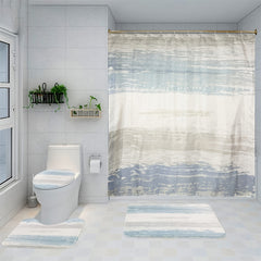 4 Pc Bathroom Set: Curtain, Rugs, Non-Slip Mat, Toilet Lid Cover, Hooks