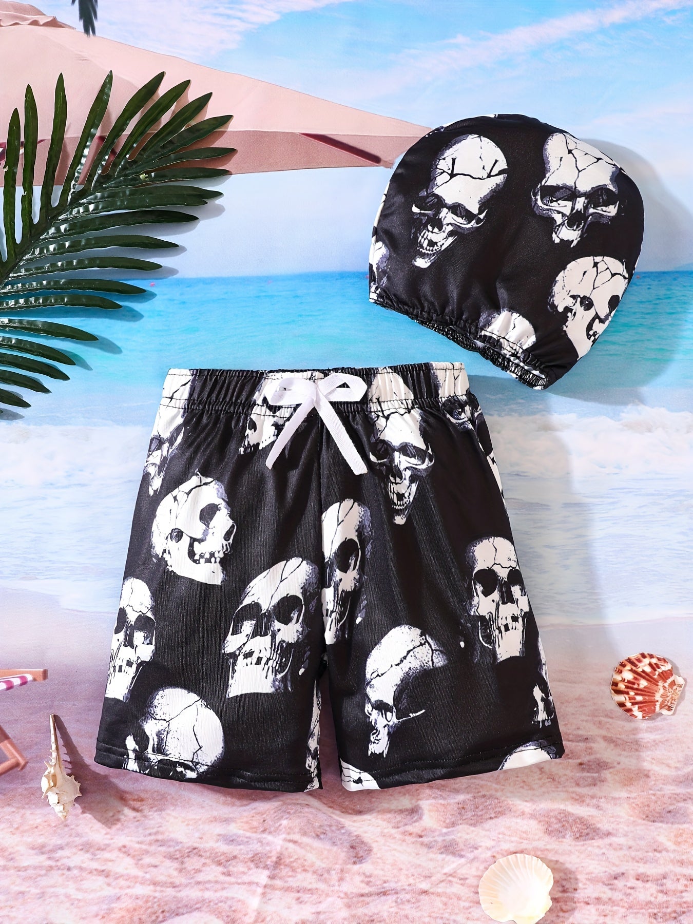 Boys Swimsuit 2 Piece Skull Print Shorts & Swim Cap