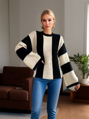 Casual Sweater Women's Plus Stripe Print Waffle Long Sleeve