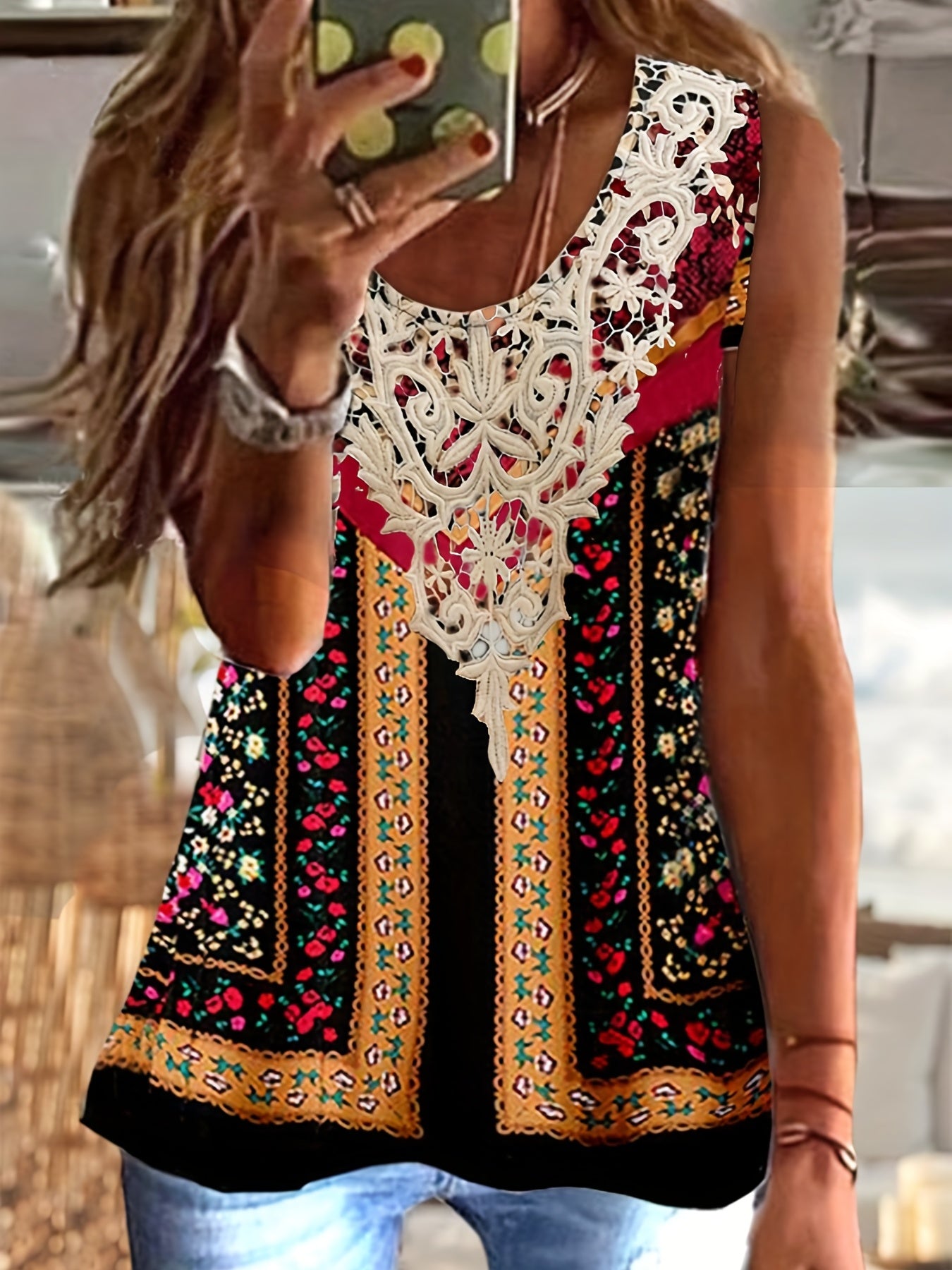 Floral Print Lace Tank Top Vintage Sleeveless Summer Top