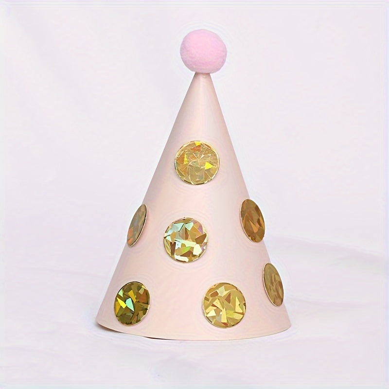 Birthday Cone Hat With Pom Poms Striped Dot Party Decor
