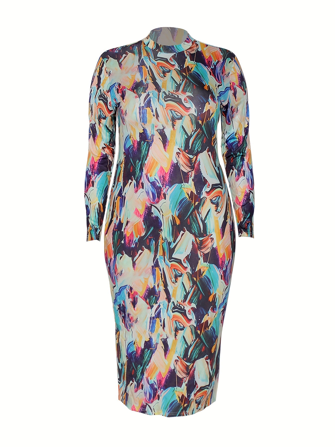 Allover Print Long Sleeve Mock Neck Dress