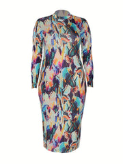 Allover Print Long Sleeve Mock Neck Dress